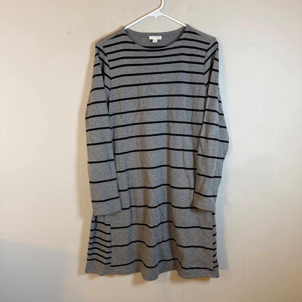 J.‎ Jill Grey Black Striped Long Sleeve Tunic Dress Petite Large Pockets Cotton